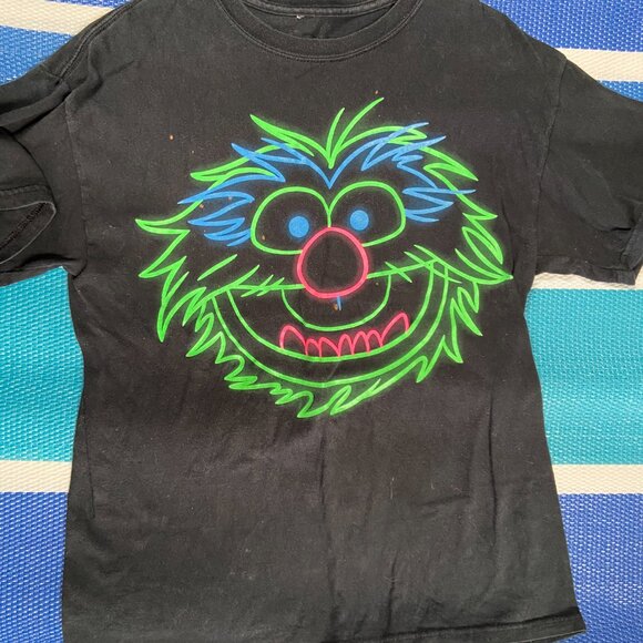 Vintage 90's Black Cotton Neon Print Jim Henson Muppets Animal T Shirt Large - Picture 1 of 4